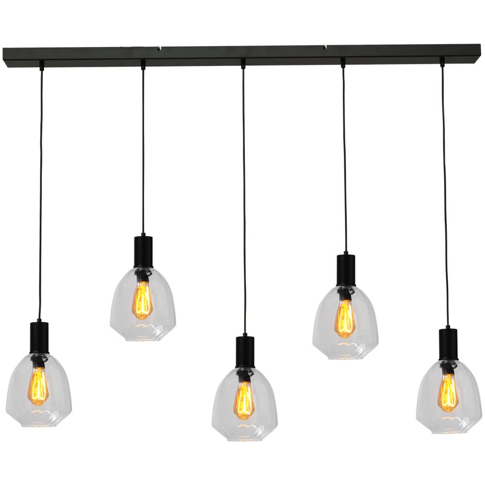 5-lichts hanglamp - zwart - Porto met Nicolette clear glazen