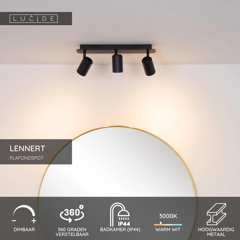 Plafondspot Lennert 3-lichts zwart Lucide 5411212262691