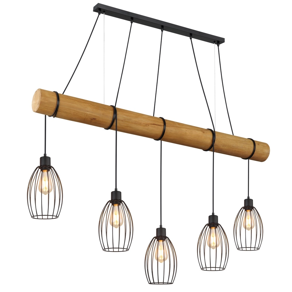 Landelijke hanglamp Berti 5-lichts hout met zwart