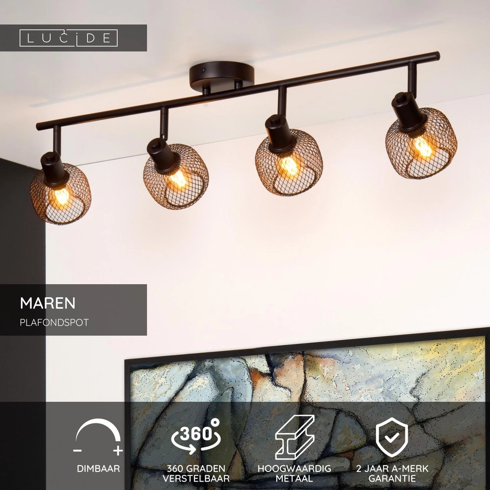 Plafondlampje Maren 4-lichts zwart Lucide 5411212771117