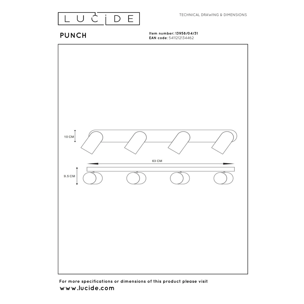 Plafondspot Punch 4-lichts wit Lucide 5411212134462