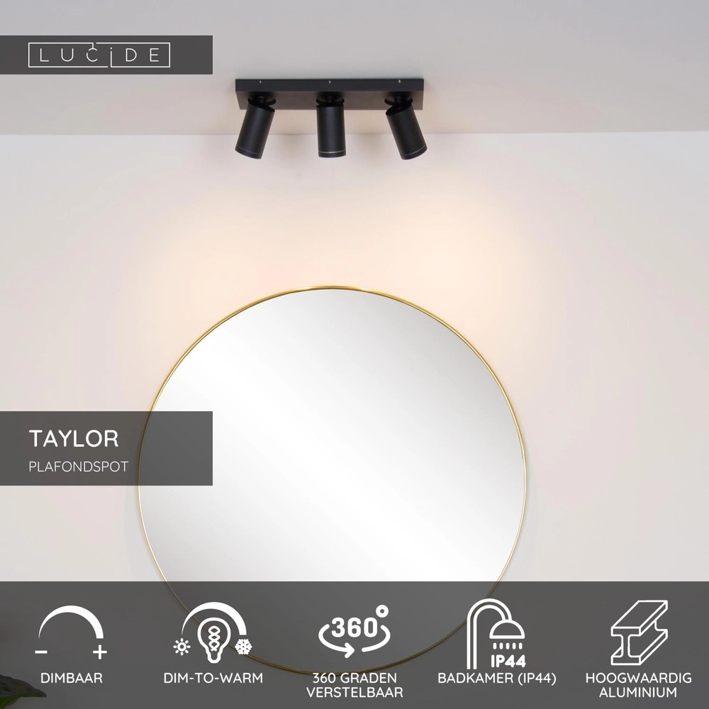Plafondspot Taylor IP44 3-lichts zwart Lucide 5411212092656