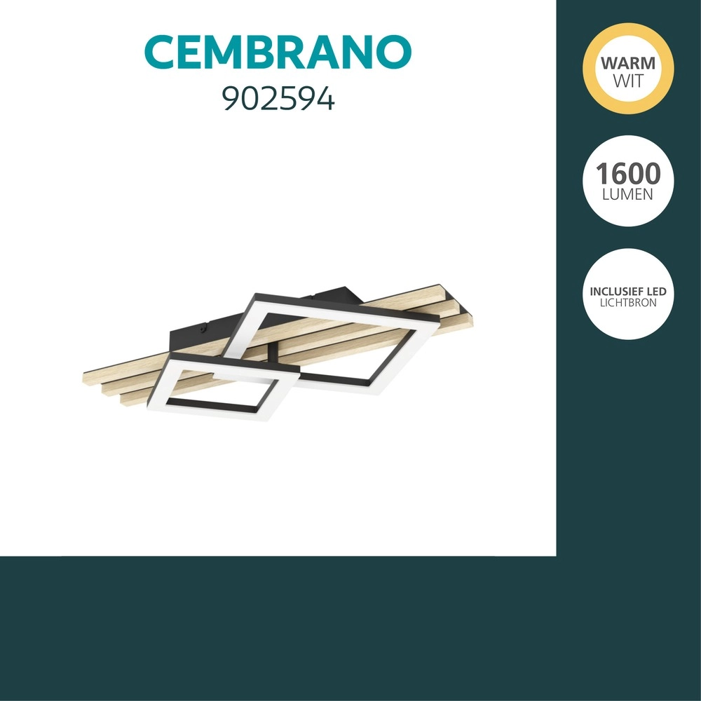 Moderne plafondlamp Cembrano zwart met hout vierkant 50cm Eglo 9008606388196