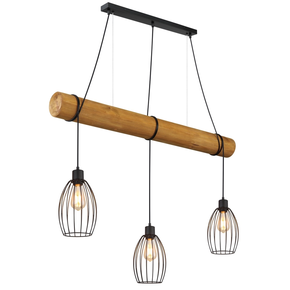 Landelijke hanglamp Berti 3-lichts hout met zwart