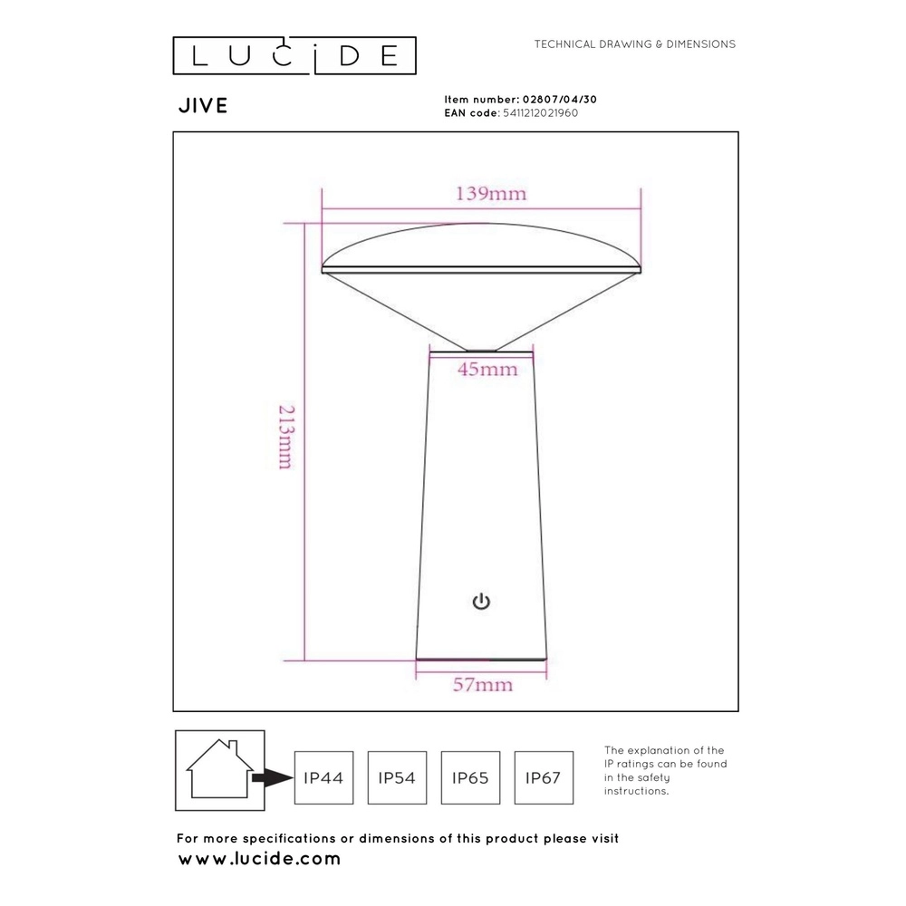 Oplaadbare tafellamp Jive IP44 zwart lichtkleur instelbaar Lucide 5411212021960