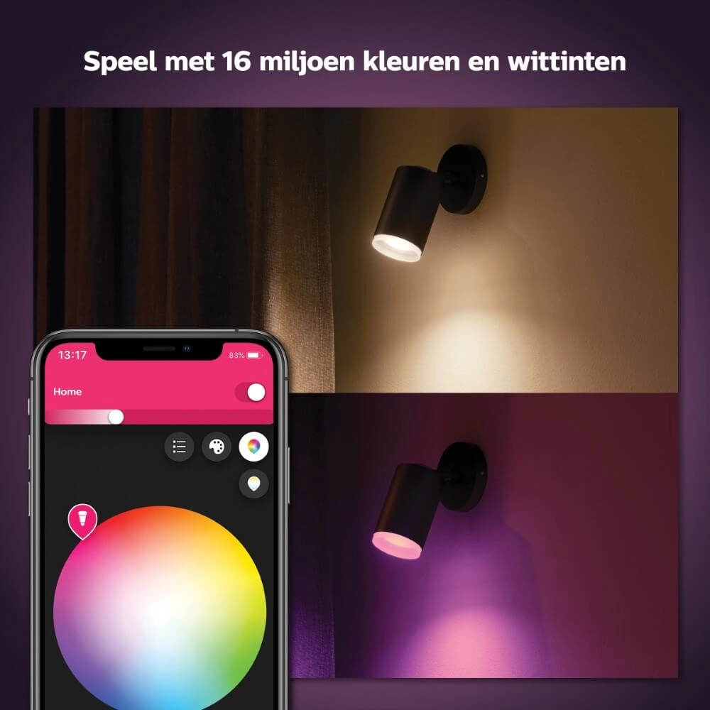 Enkele spot Hue Fugato - White and color zwart Philips 8718696171509