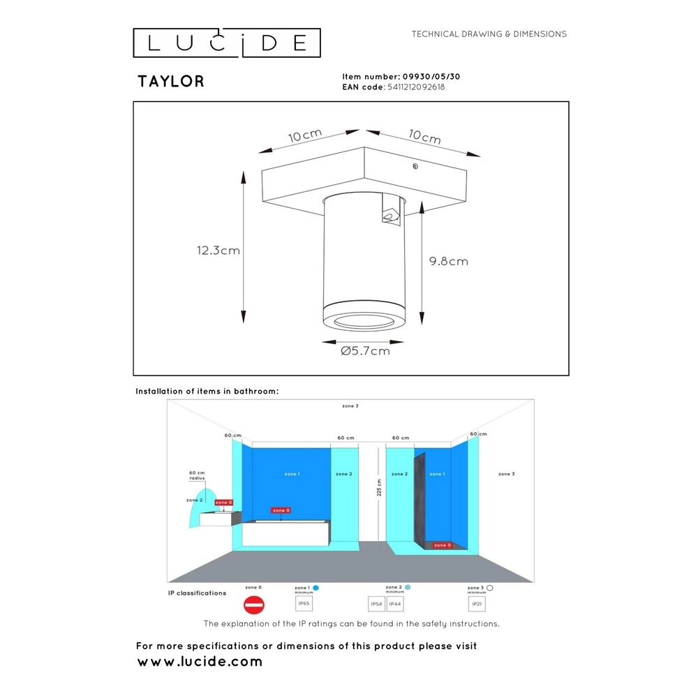 Plafondspot Taylor IP44 enkel zwart Lucide 5411212092618