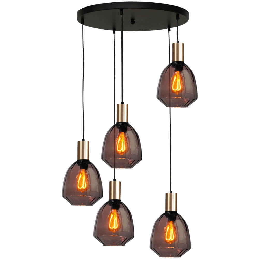 5-lichts vide hanglamp - goud - Porto met Nicolette red glazen