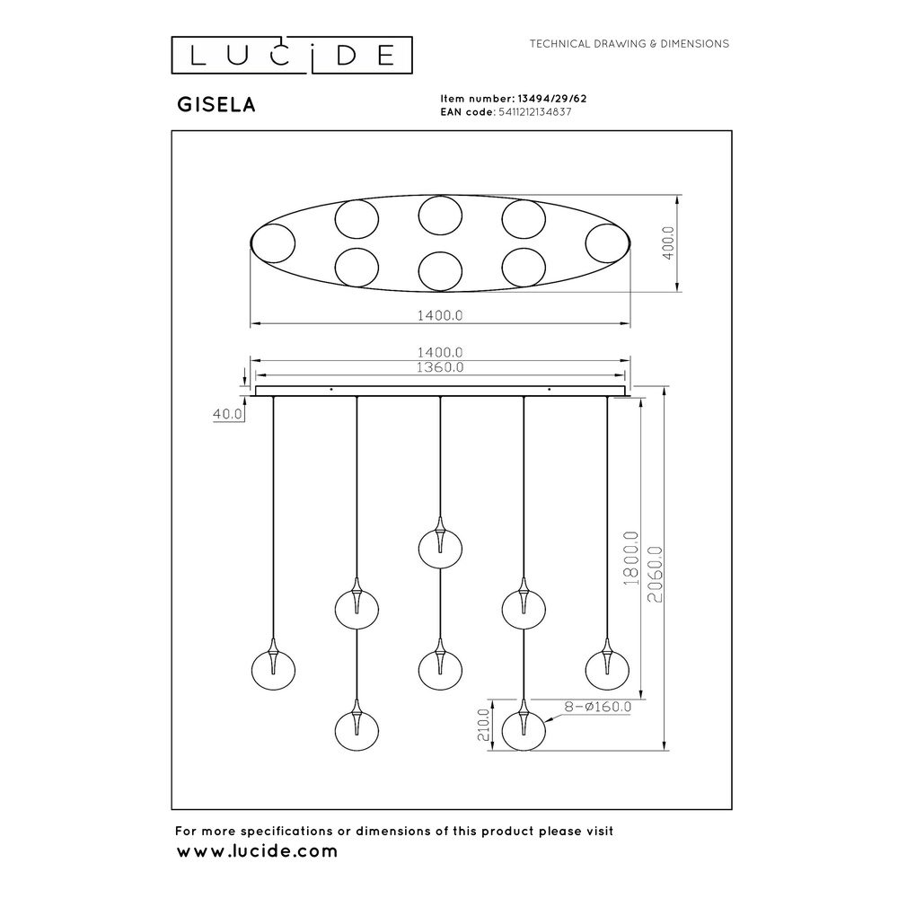 Design led hanglamp Gisela fading - 8x Ø 16cm Premium by Lucide 5411212134837