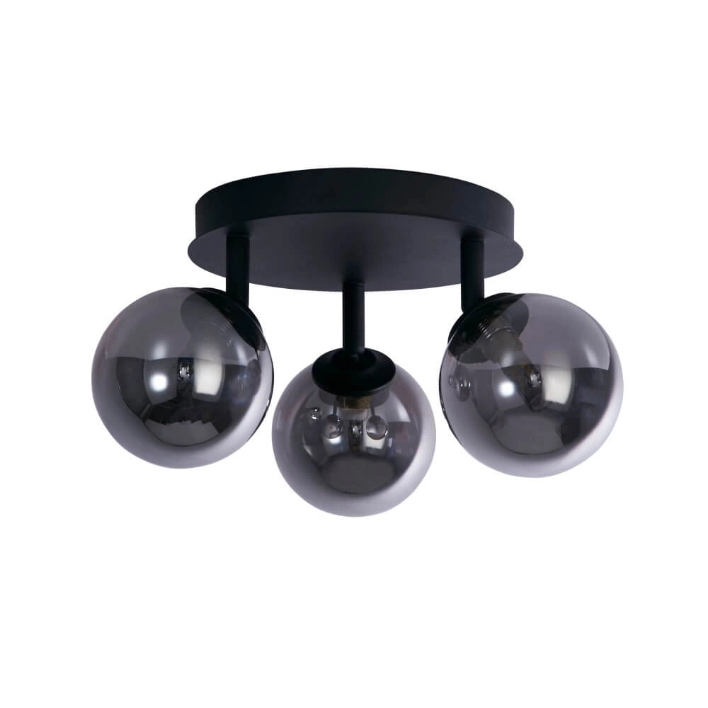 3-lichts plafondlamp Crosby zwart met smoke glas