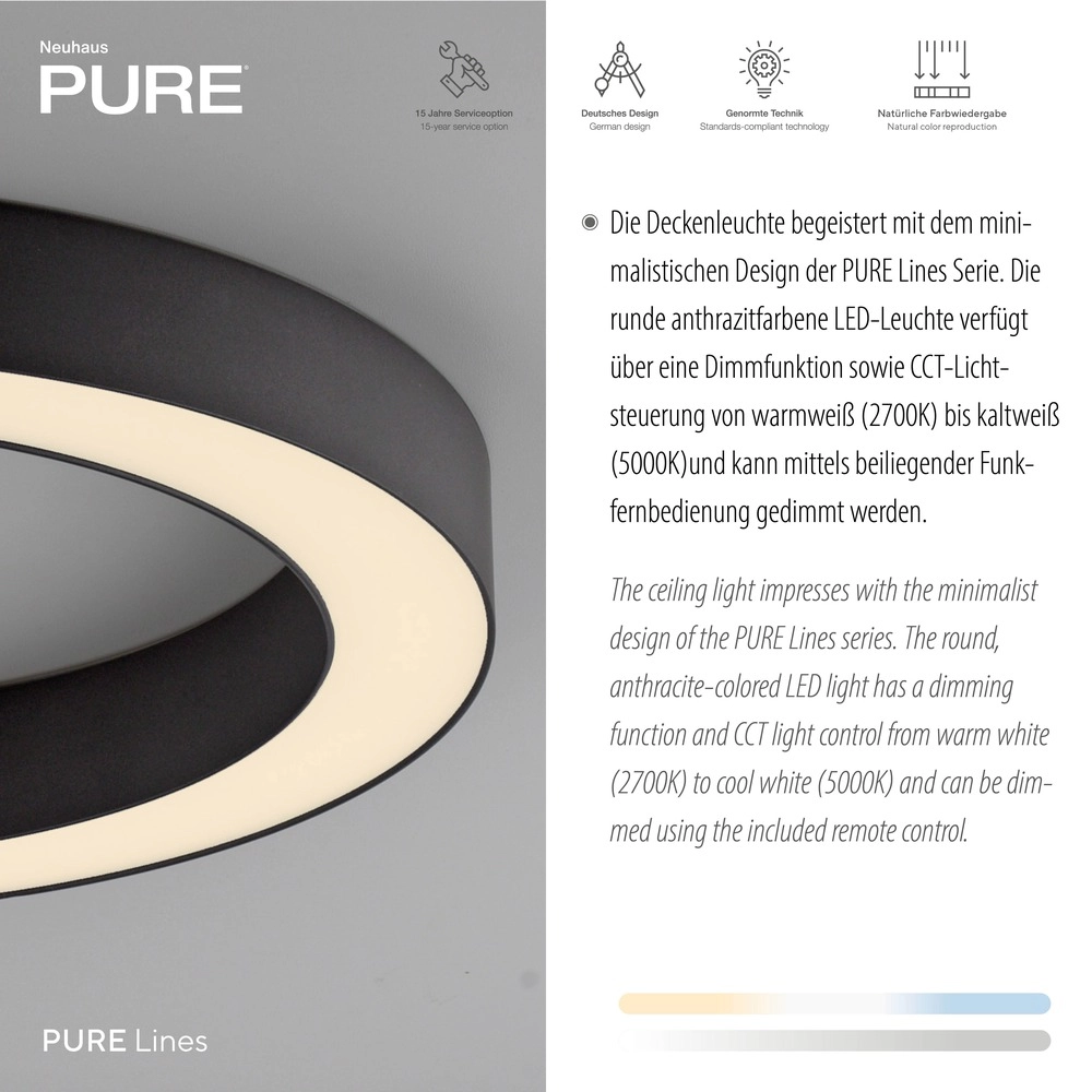 Strakke led plafondlamp Pure Lines Round Ø 35cm - graphite Paul Neuhaus 4012248395219