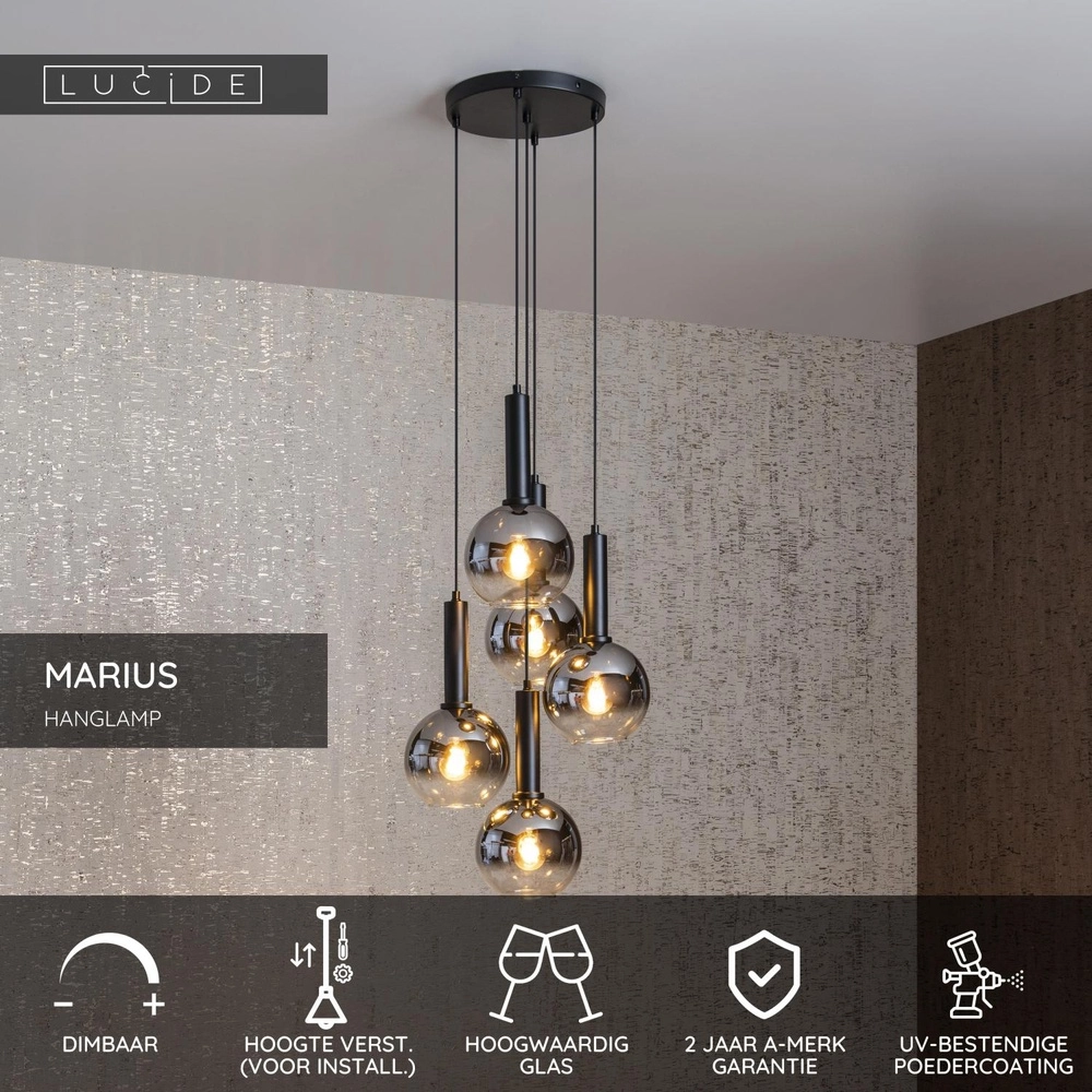 Hanglamp Marius 5-lichts zwart Lucide 5411212452245