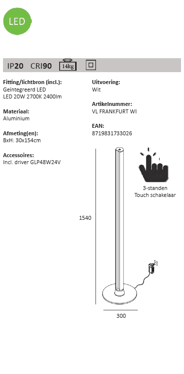 Dimbare vloerlamp Frankfurt Artdelight 8719831733026