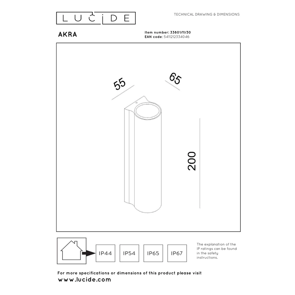 Design wandlamp Akra up en down zwart IP54 Lucide 5411212334046