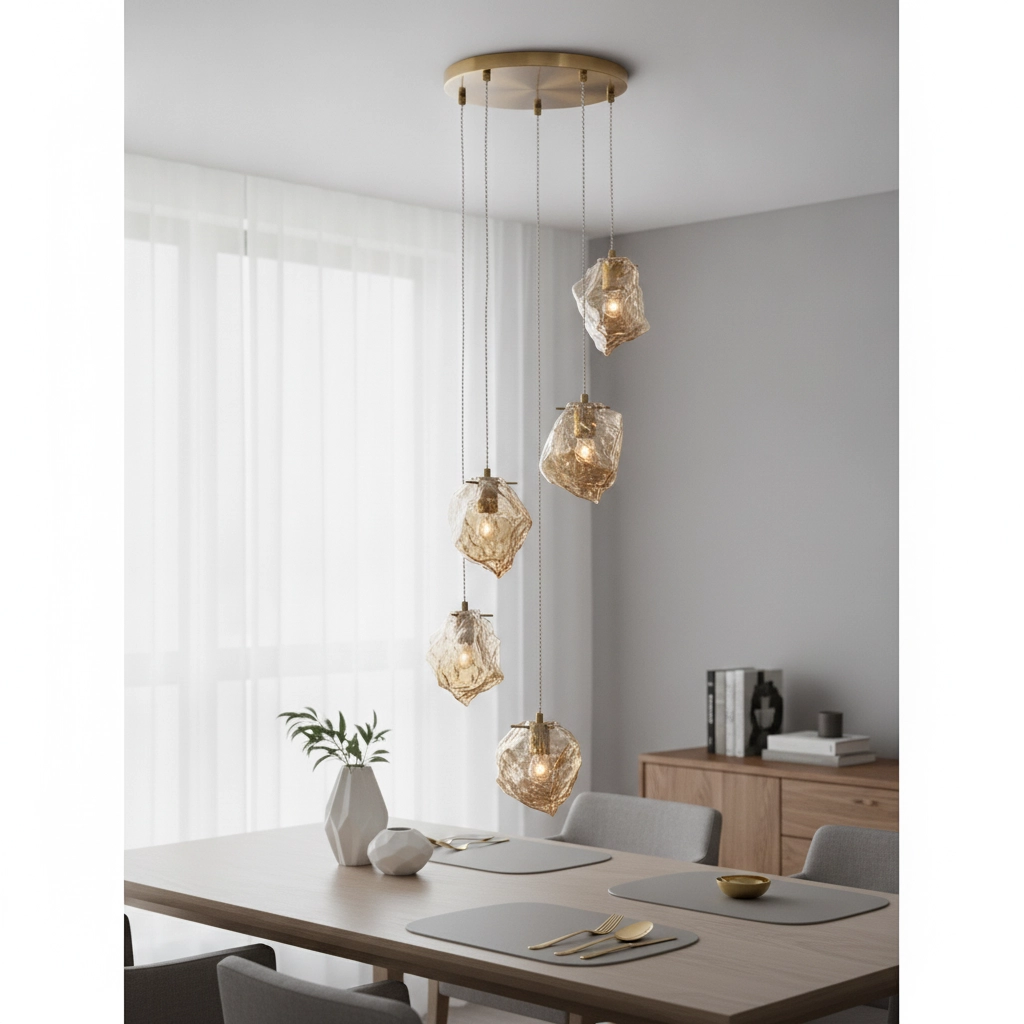 Hanglamp Odelle 5-lichts goud met amber glas